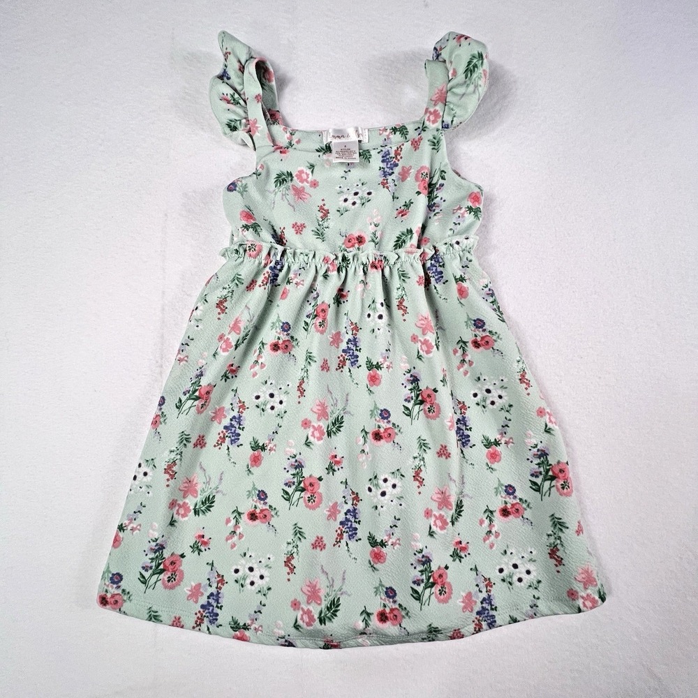 Emma & Elsa Girls Sundress Size 5 Mint Green Floral Flutter Sleeveless Pink